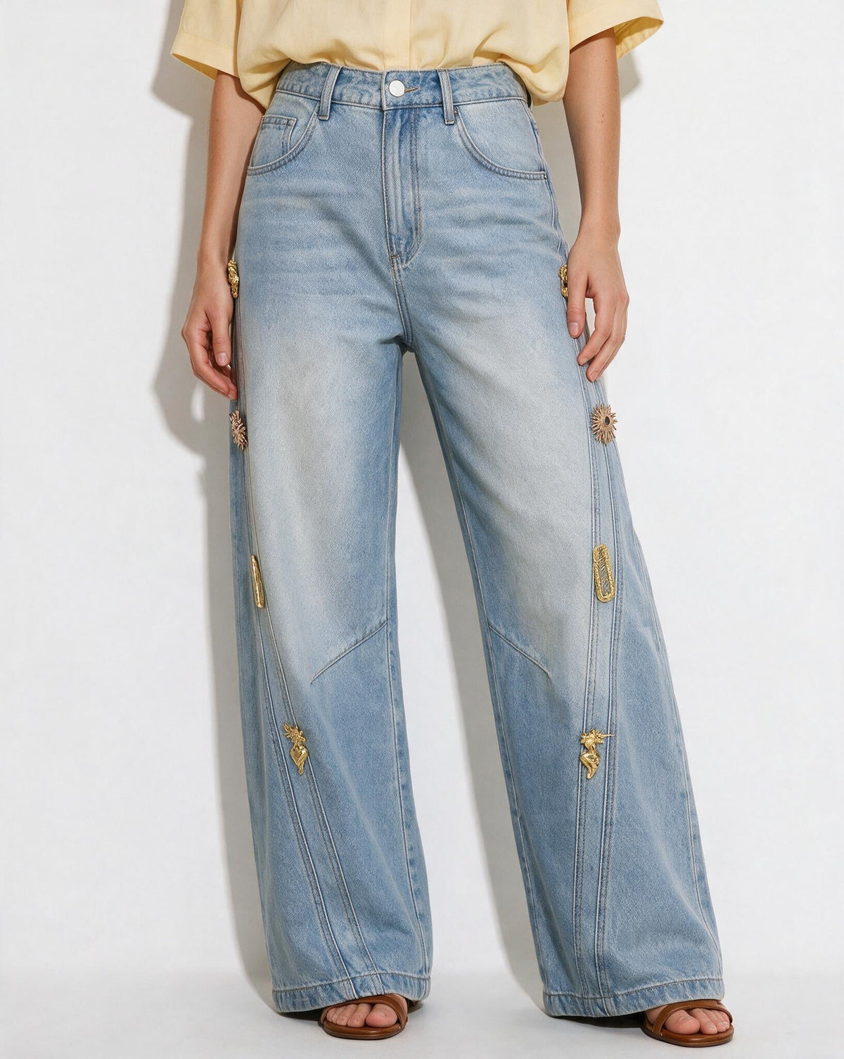 Cotton Charm-Embellished High-Rise Wide-Leg Jeans