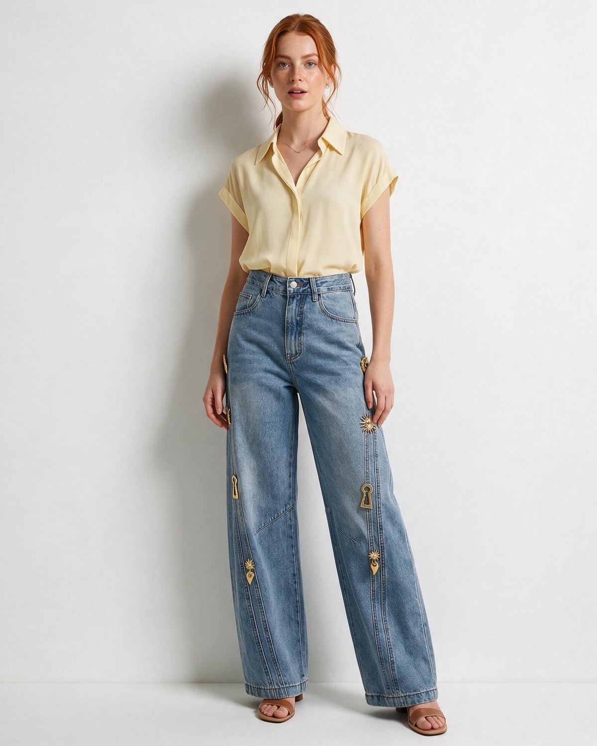 Cotton Charm-Embellished High-Rise Wide-Leg Jeans