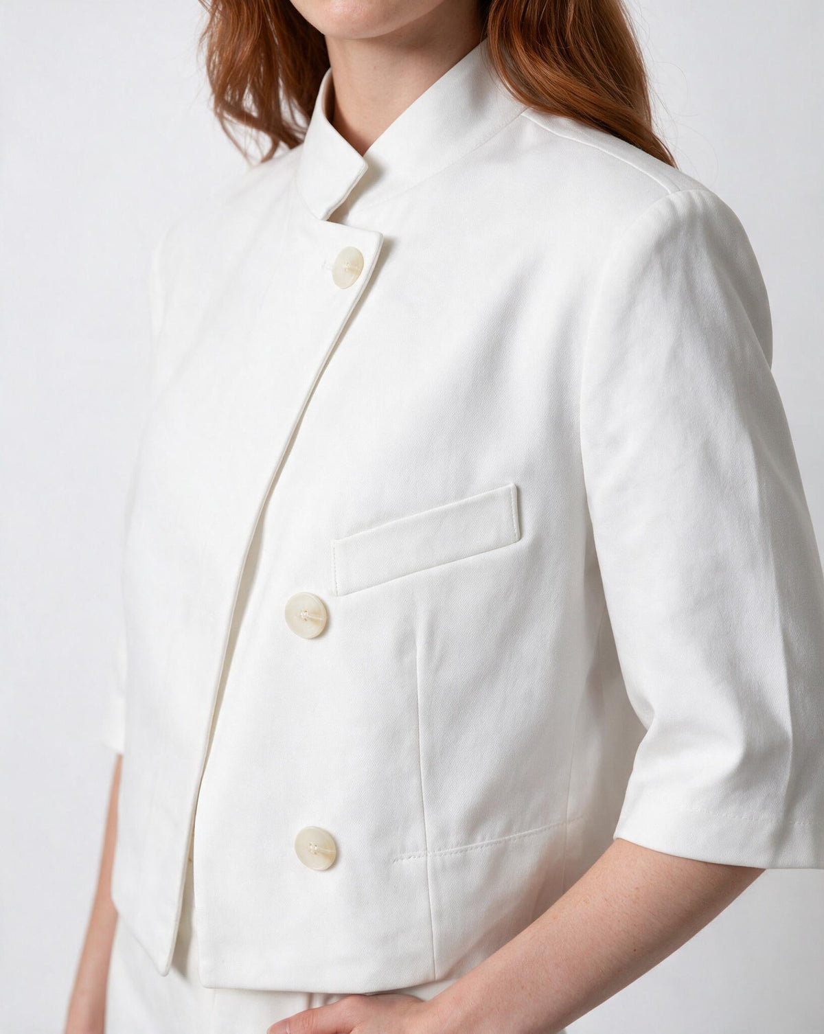 Cropped Boxy Button-Front Stand Collar Jacket