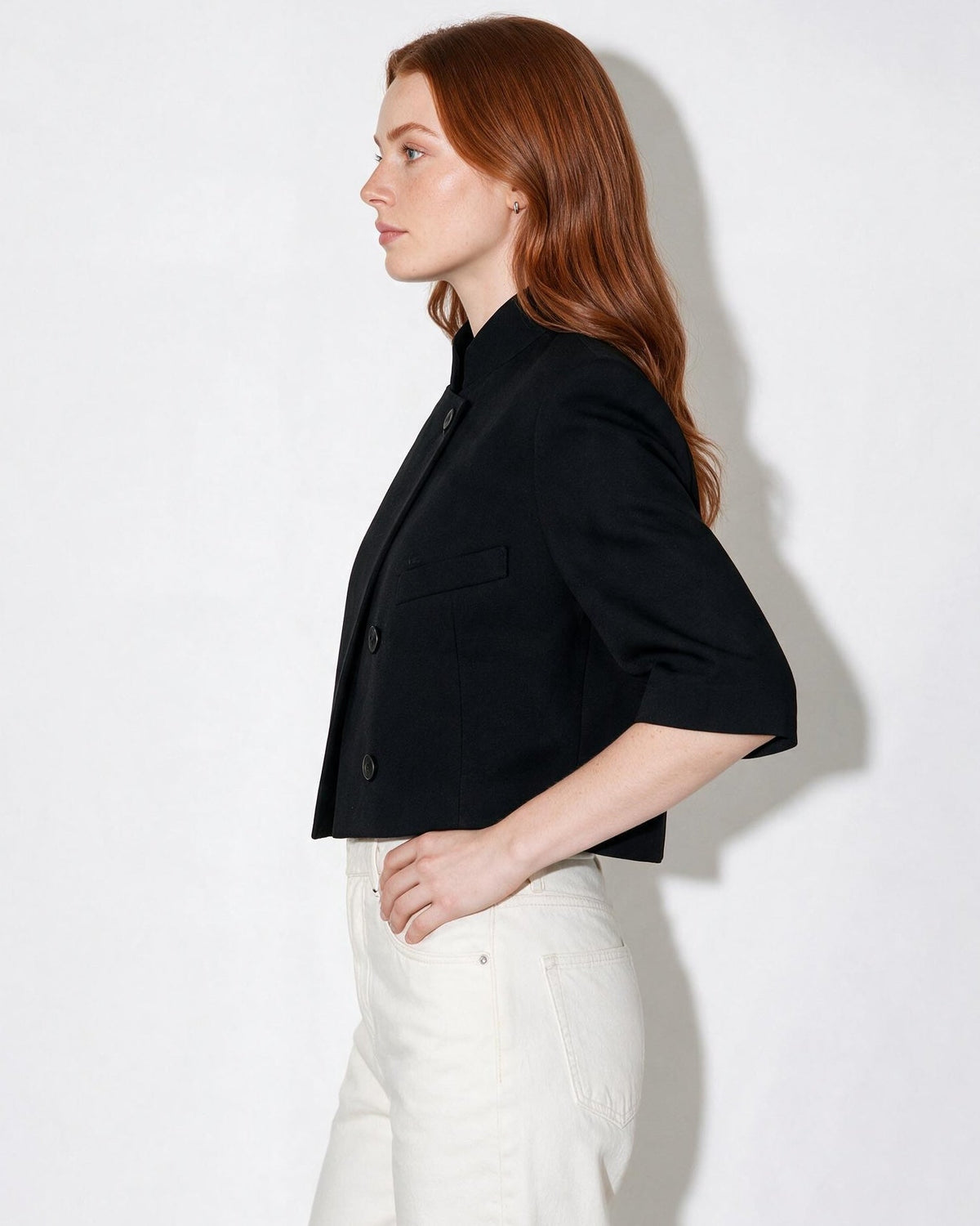 Cropped Boxy Button-Front Stand Collar Jacket