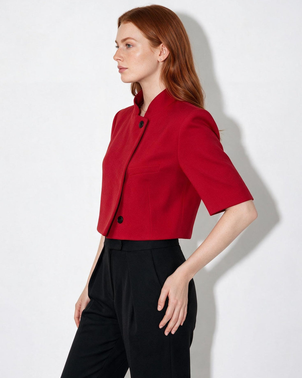 Cropped Boxy Button-Front Stand Collar Jacket