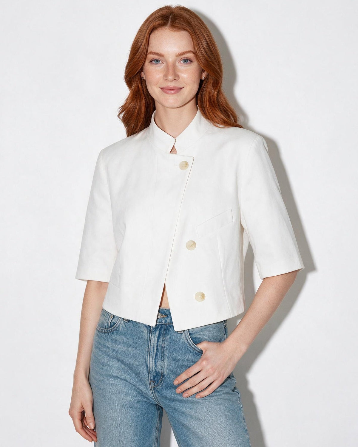 Cropped Boxy Button-Front Stand Collar Jacket