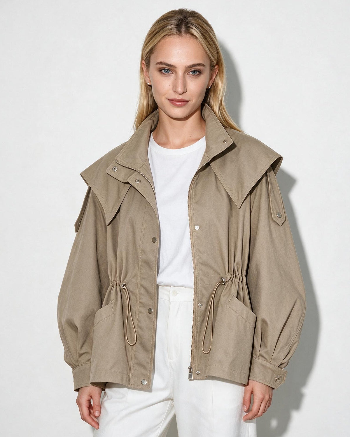 Oversized Collar Drawstring Utility Jacket