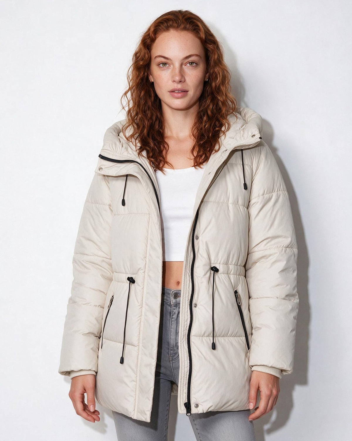 Hooded Drawstring Waist Puffer Jacket