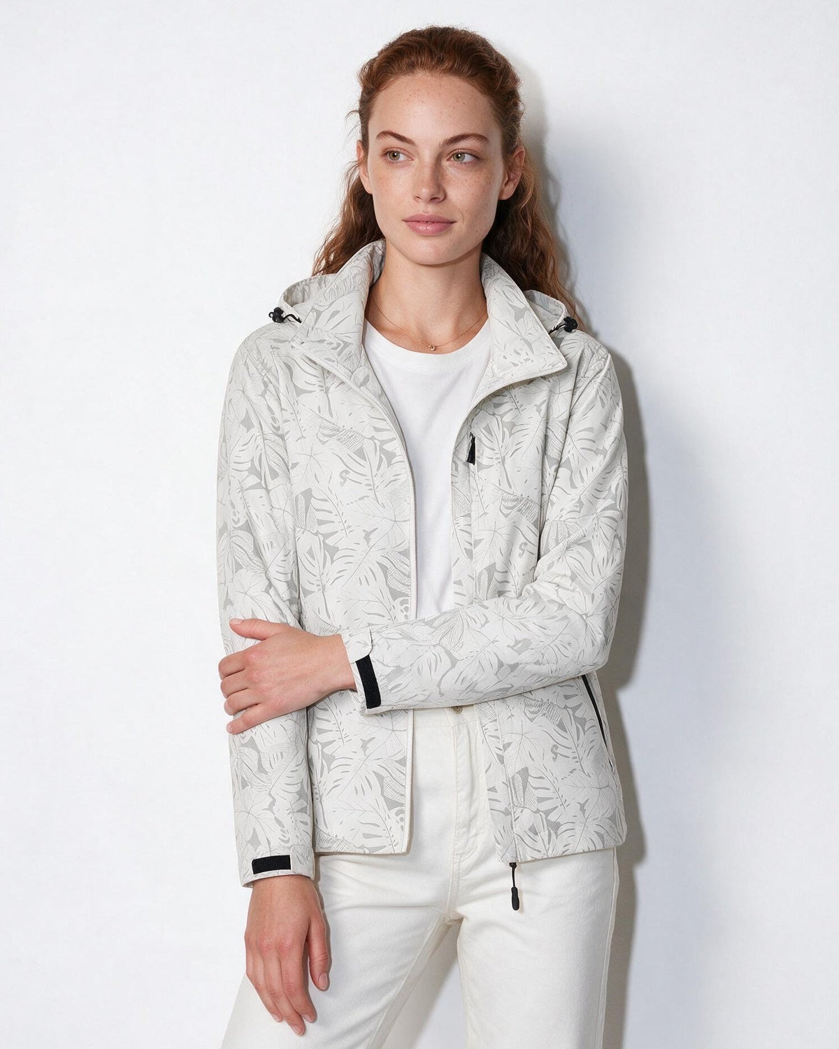 Hooded Zip-Front Botanical Print Jacket
