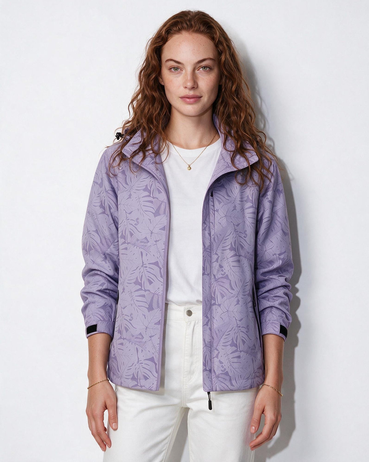 Hooded Zip-Front Botanical Print Jacket