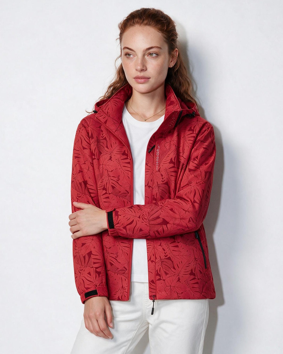 Hooded Zip-Front Botanical Print Jacket