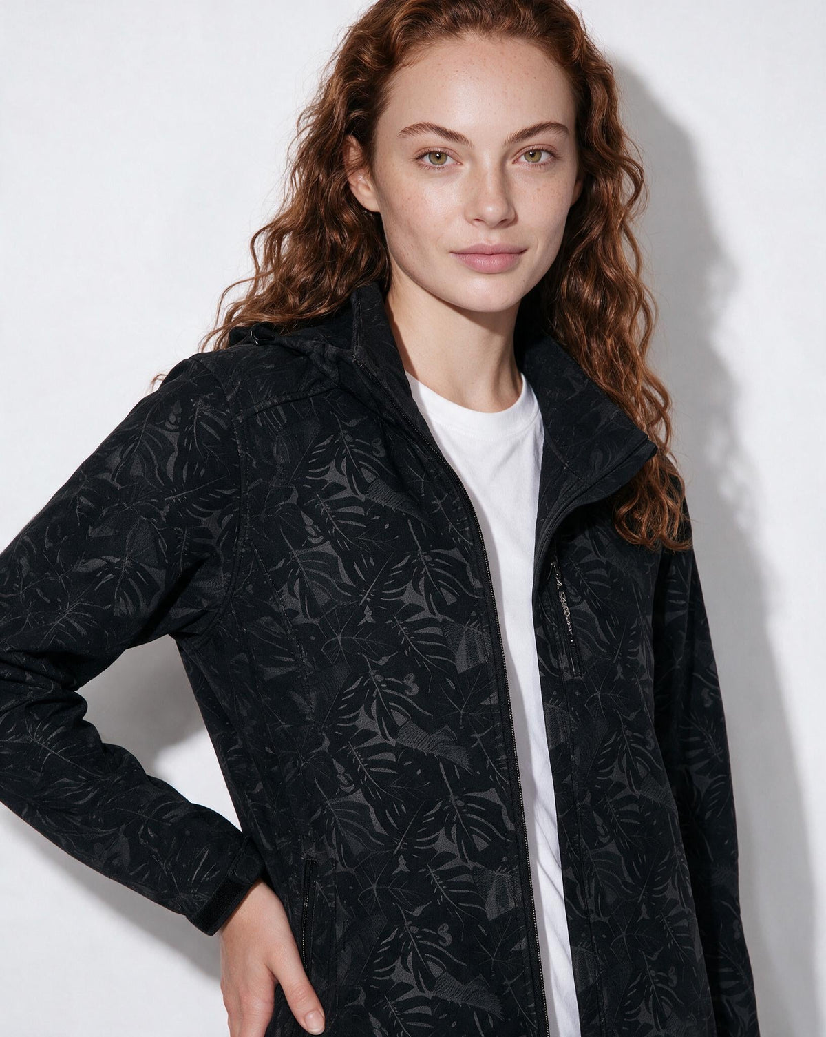 Hooded Zip-Front Botanical Print Jacket