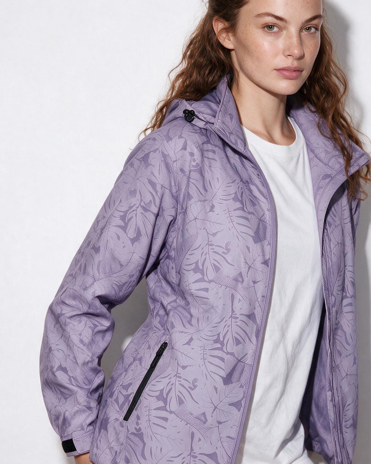 Hooded Zip-Front Botanical Print Jacket