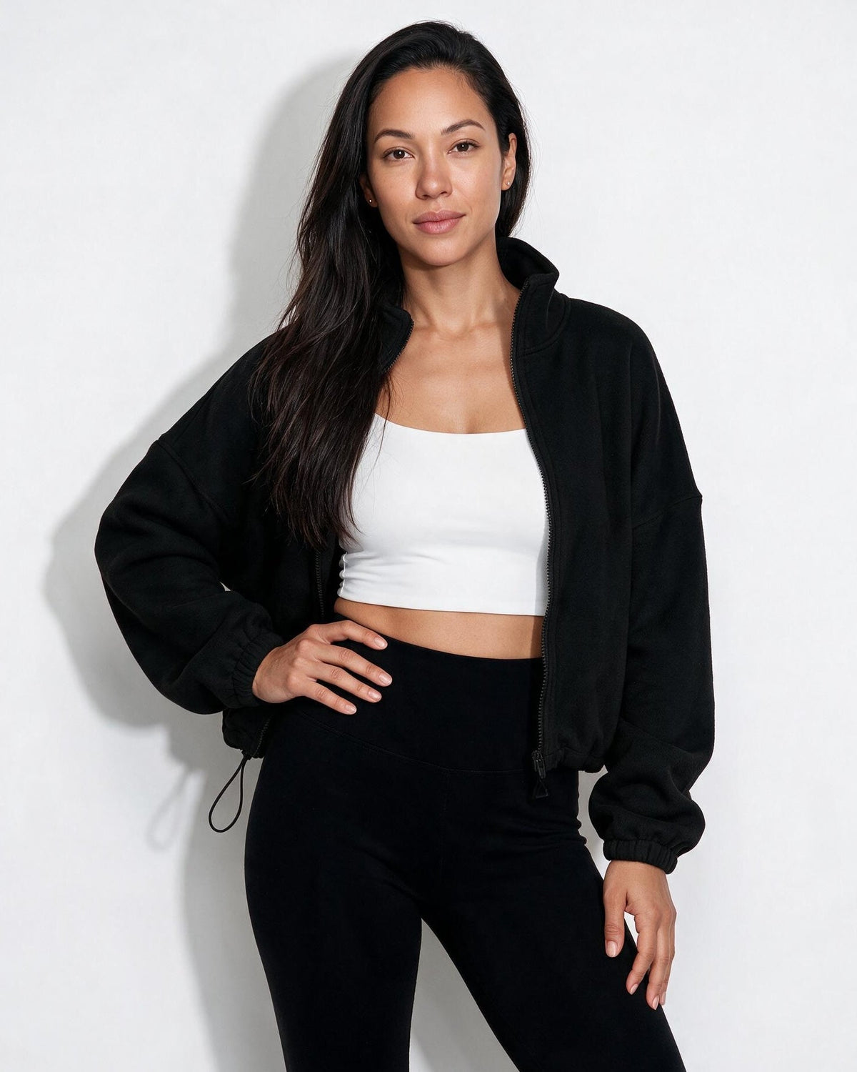 Cropped Full-Zip Drawstring Hem Jacket