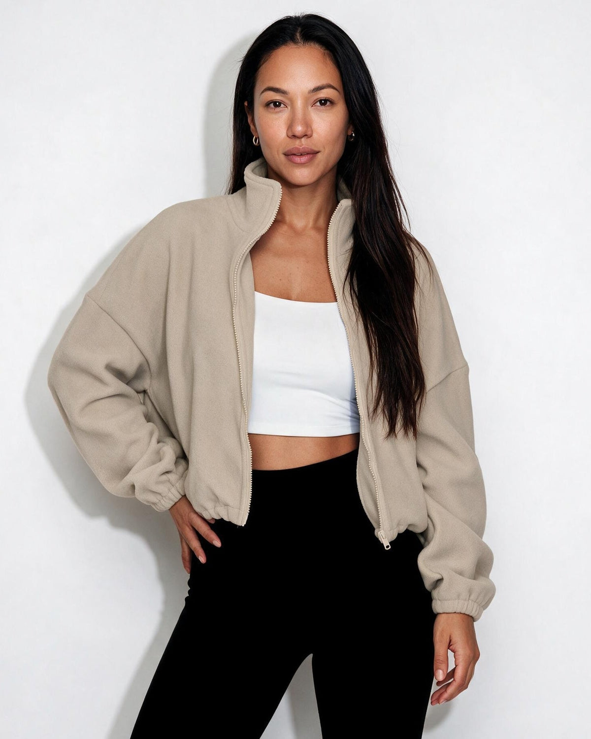 Cropped Full-Zip Drawstring Hem Jacket