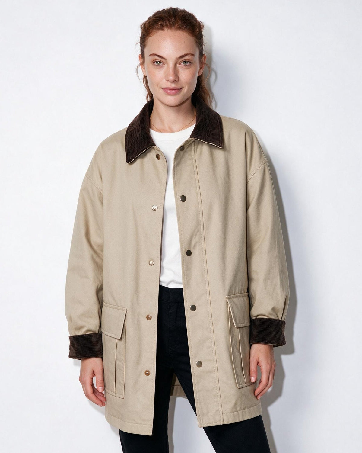 Oversized Snap-Front Patch-Pocket Coat
