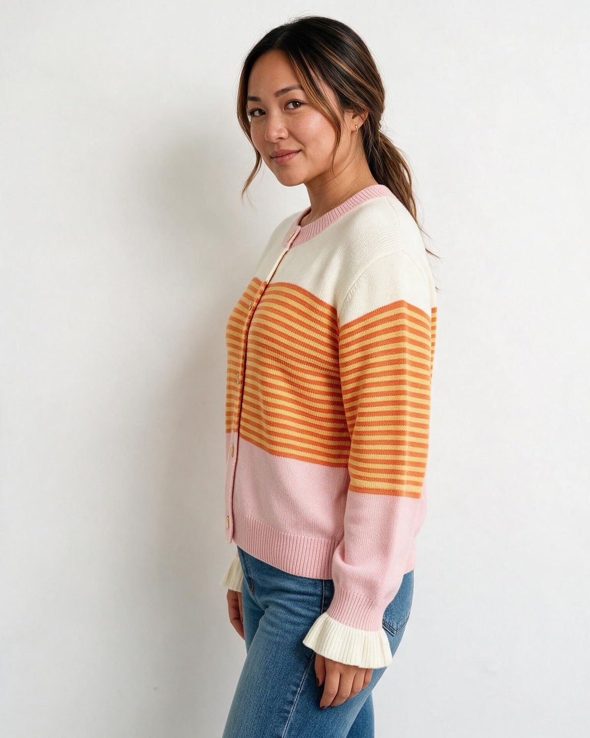 Striped Button-Front Frill-Cuff Cardigan
