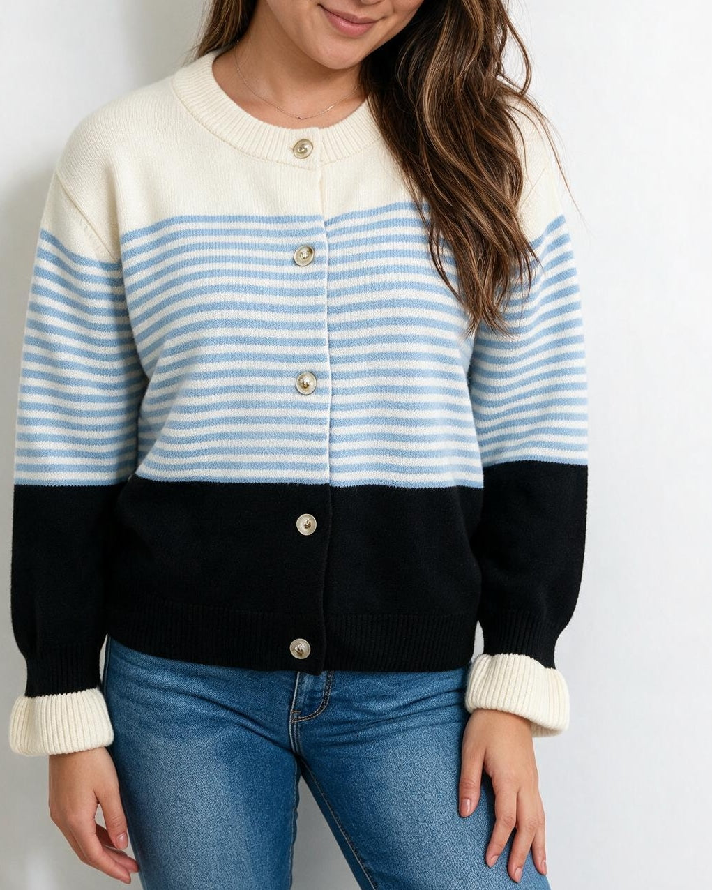 Striped Button-Front Frill-Cuff Cardigan