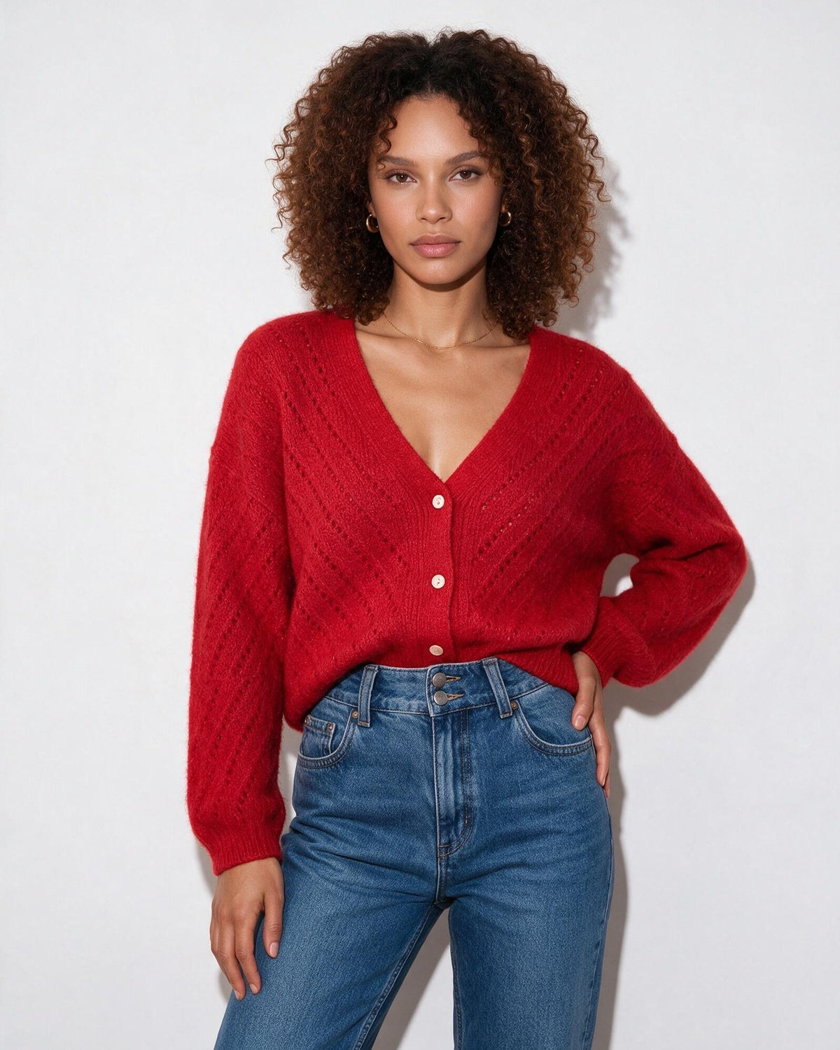 Mohair Chevron Pointelle V-Neck Cardigan