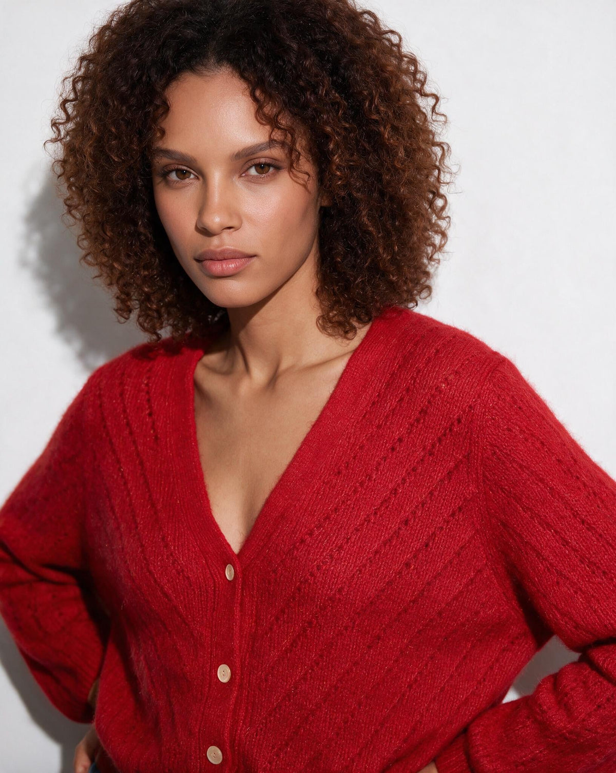 Mohair Chevron Pointelle V-Neck Cardigan
