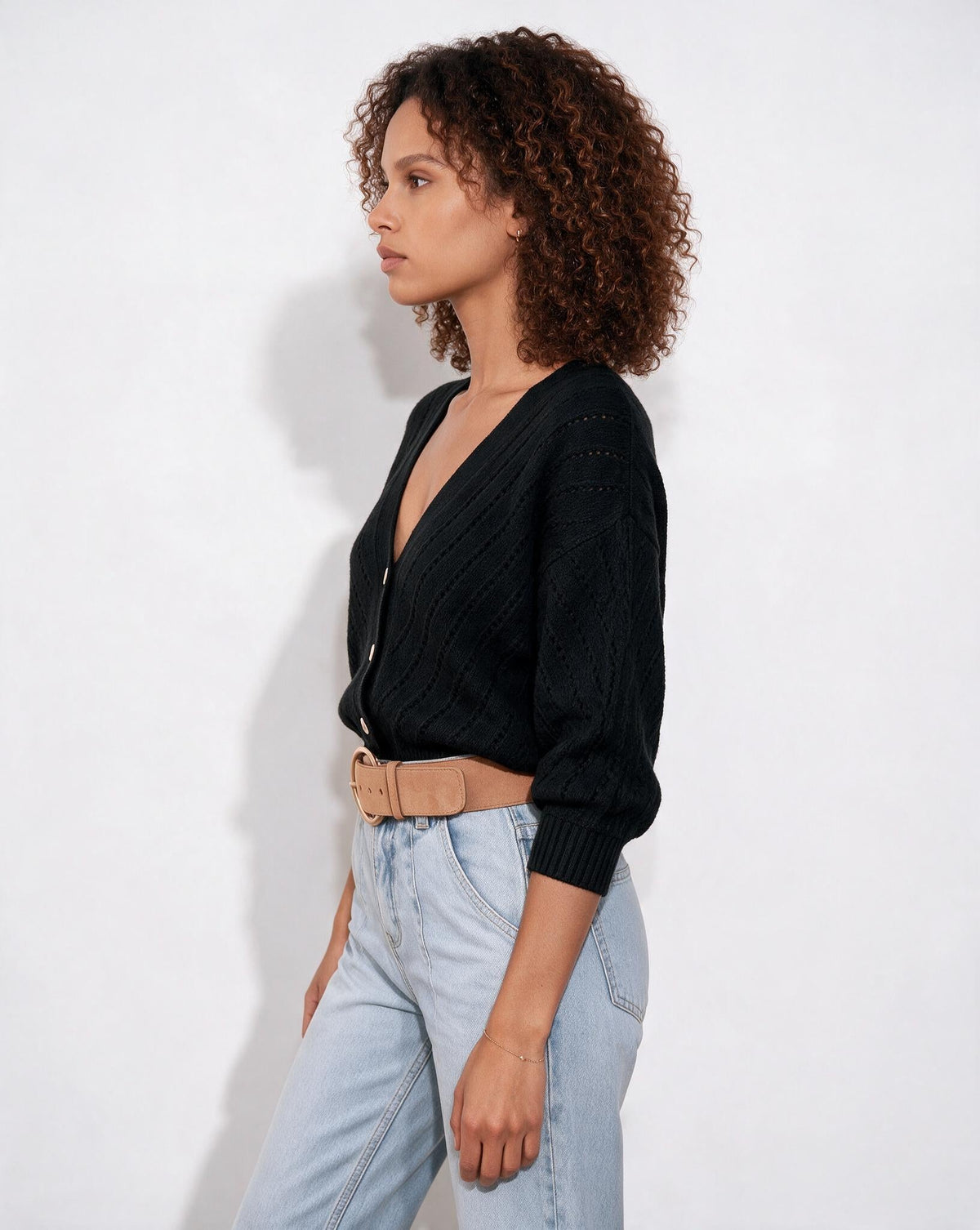 Mohair Chevron Pointelle V-Neck Cardigan