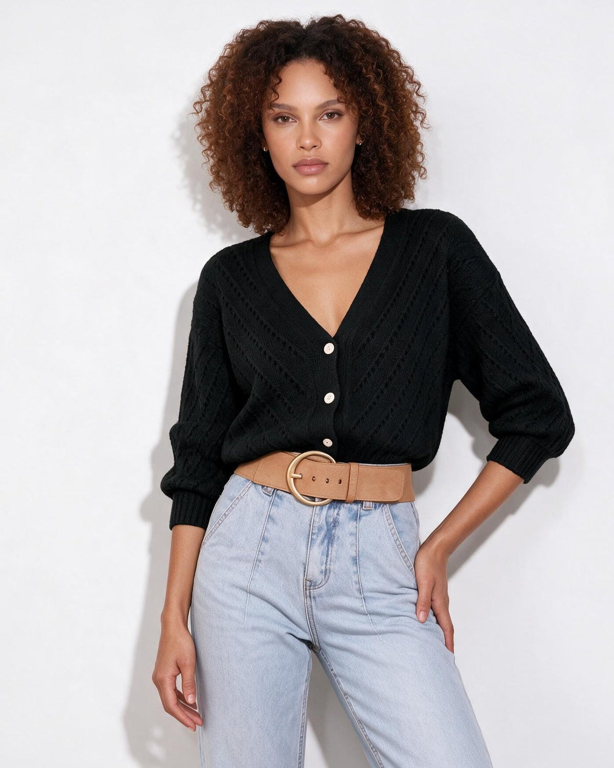 Mohair Chevron Pointelle V-Neck Cardigan