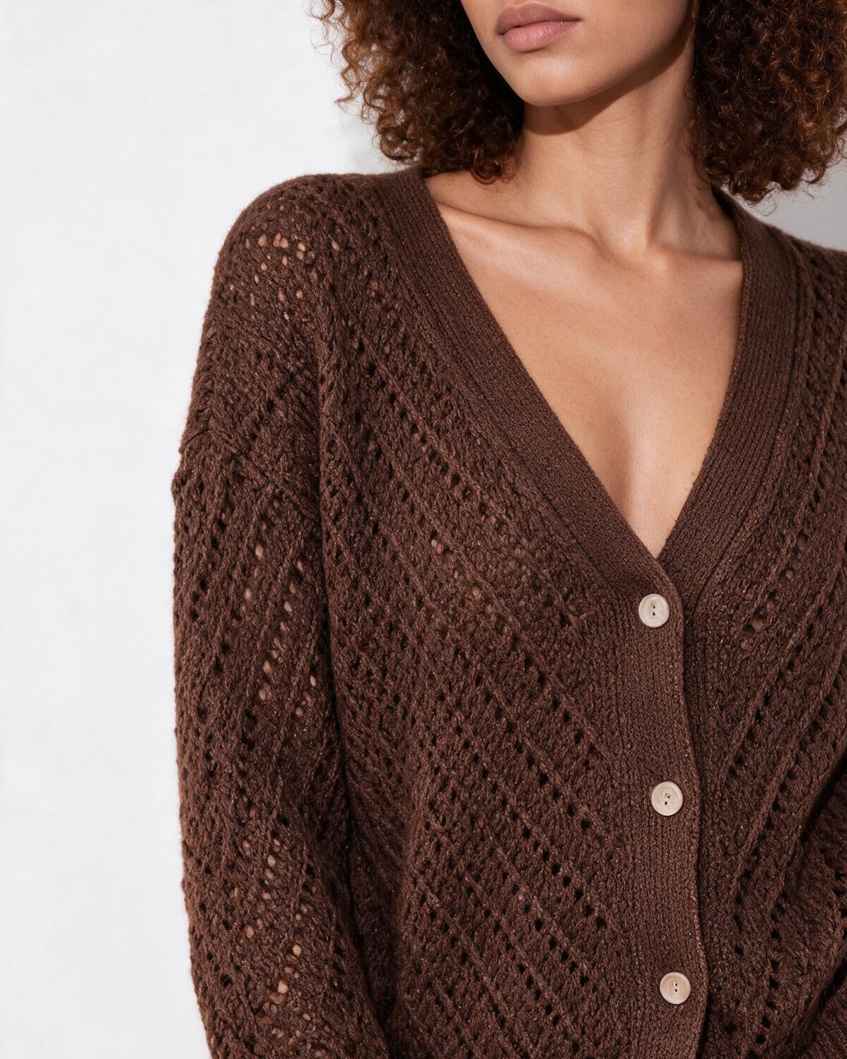Mohair Chevron Pointelle V-Neck Cardigan