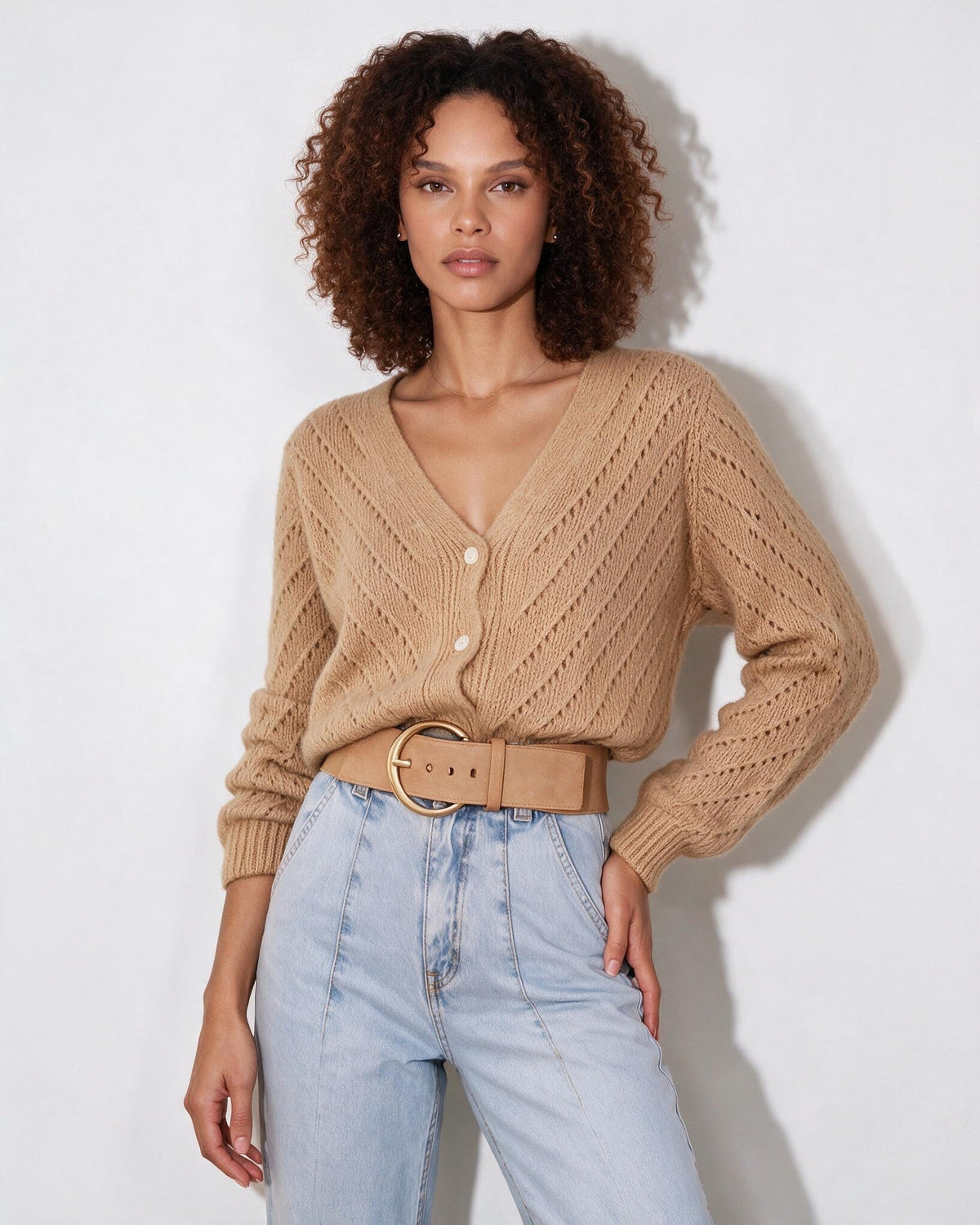 Mohair Chevron Pointelle V-Neck Cardigan
