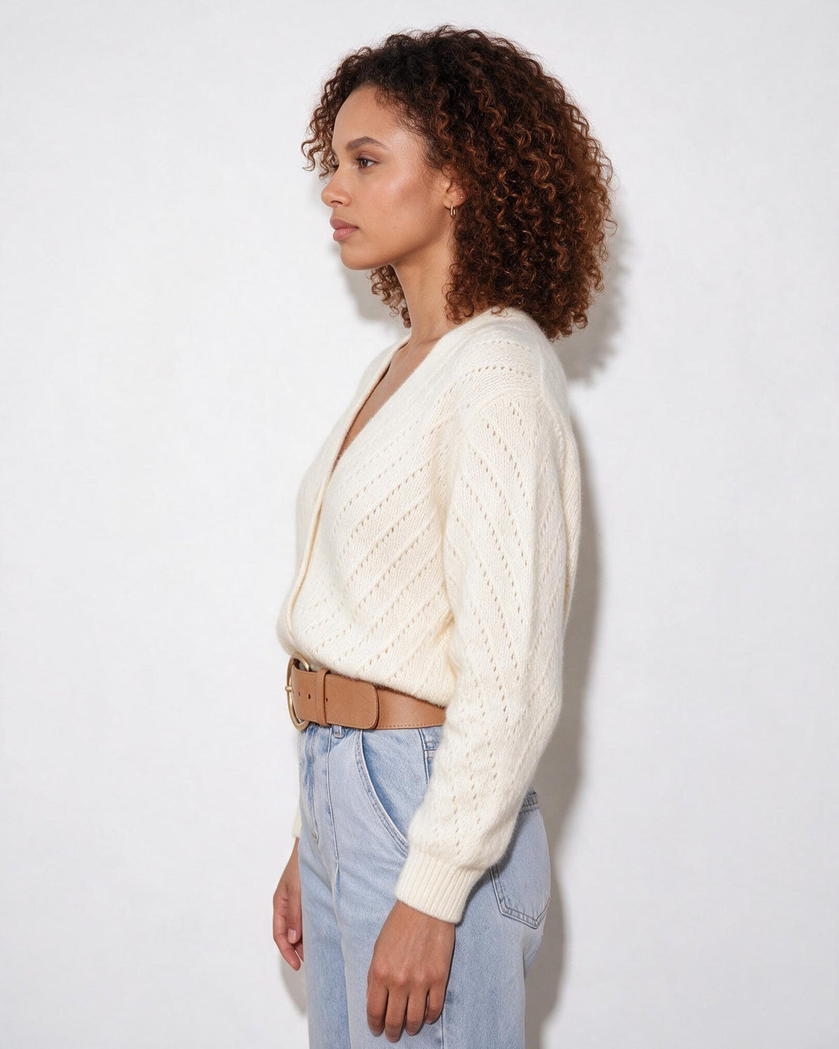 Mohair Chevron Pointelle V-Neck Cardigan