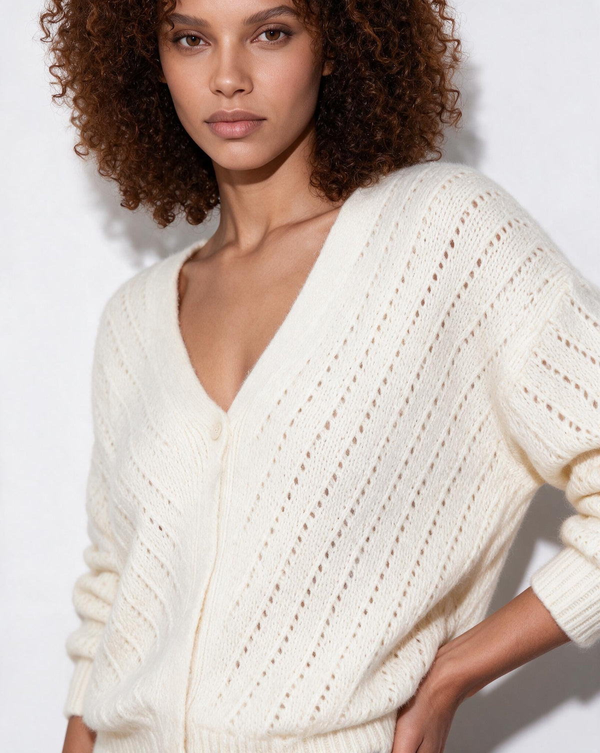 Mohair Chevron Pointelle V-Neck Cardigan