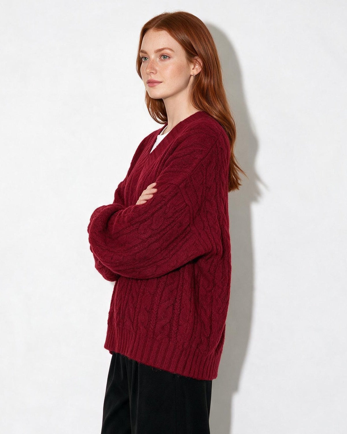 Oversized Cable Knit V-Neck Jumper