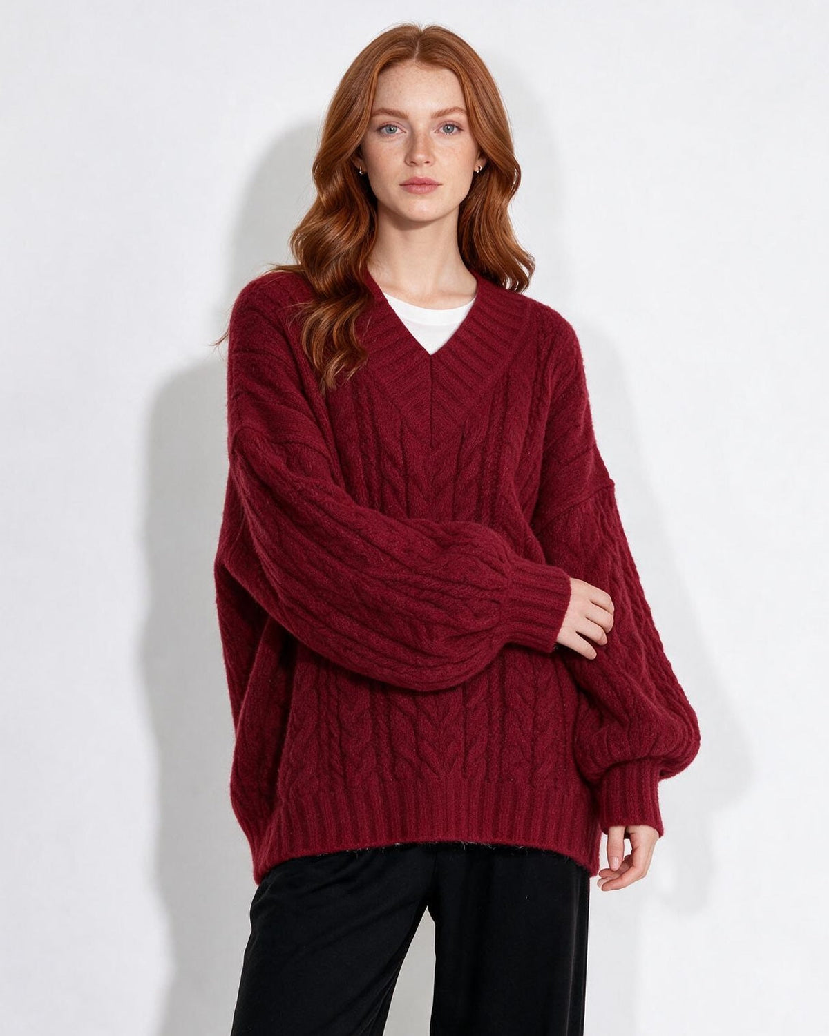 Oversized Cable Knit V-Neck Jumper