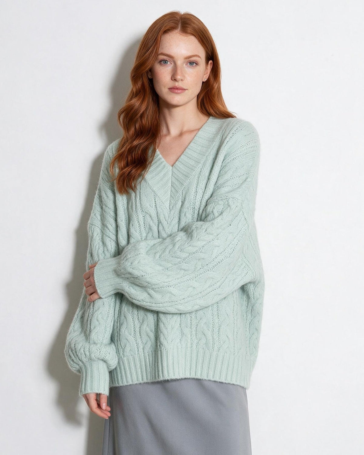 Oversized Cable Knit V-Neck Jumper