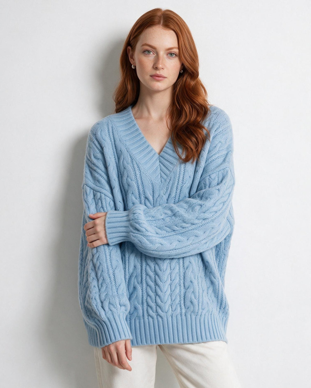Oversized Cable Knit V-Neck Jumper