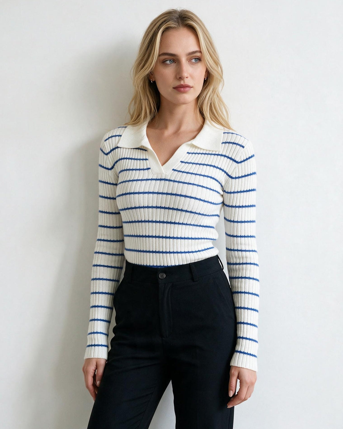 Striped Rib-Knit Polo Top