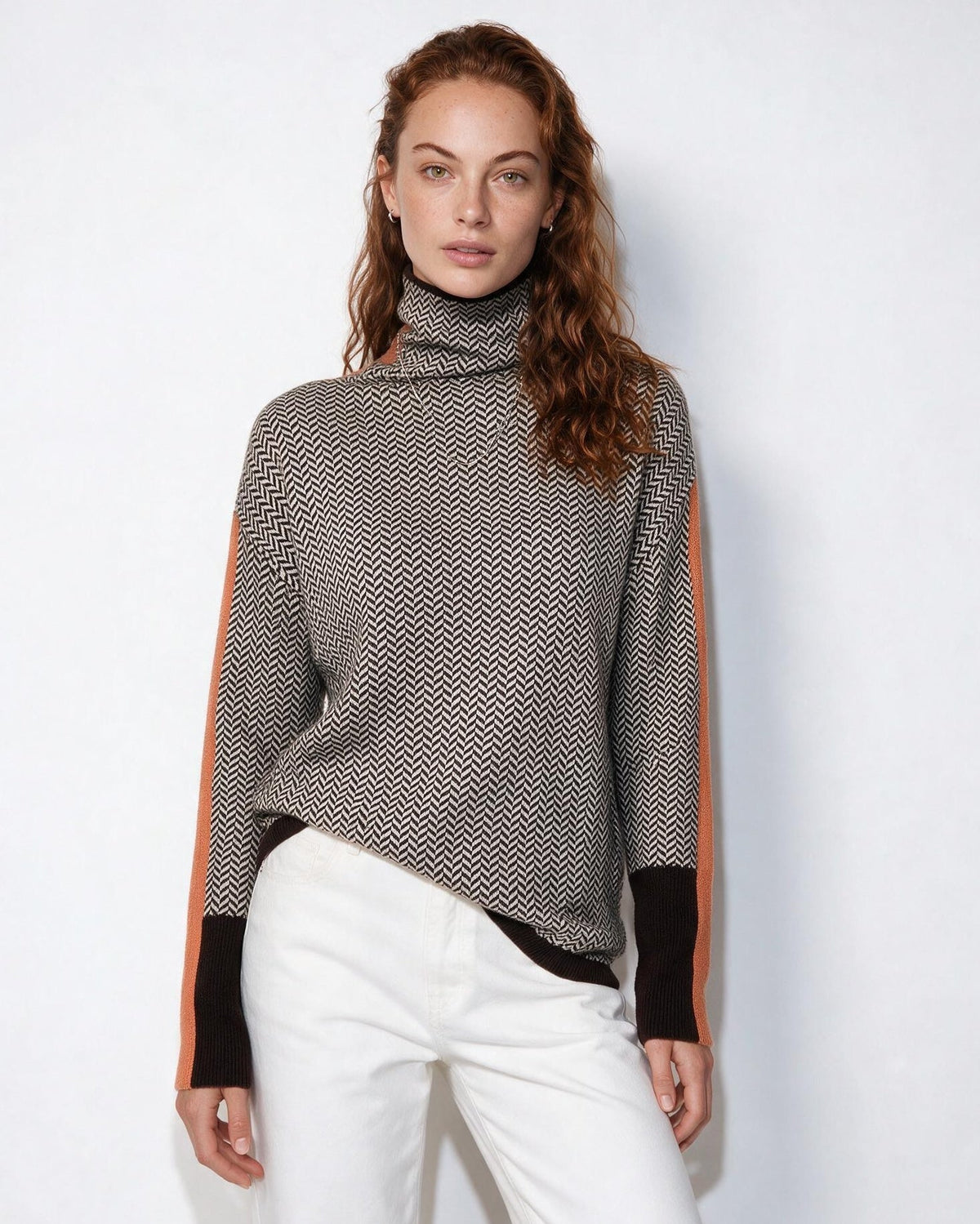 Herringbone Contrast-Stripe Turtleneck Jumper