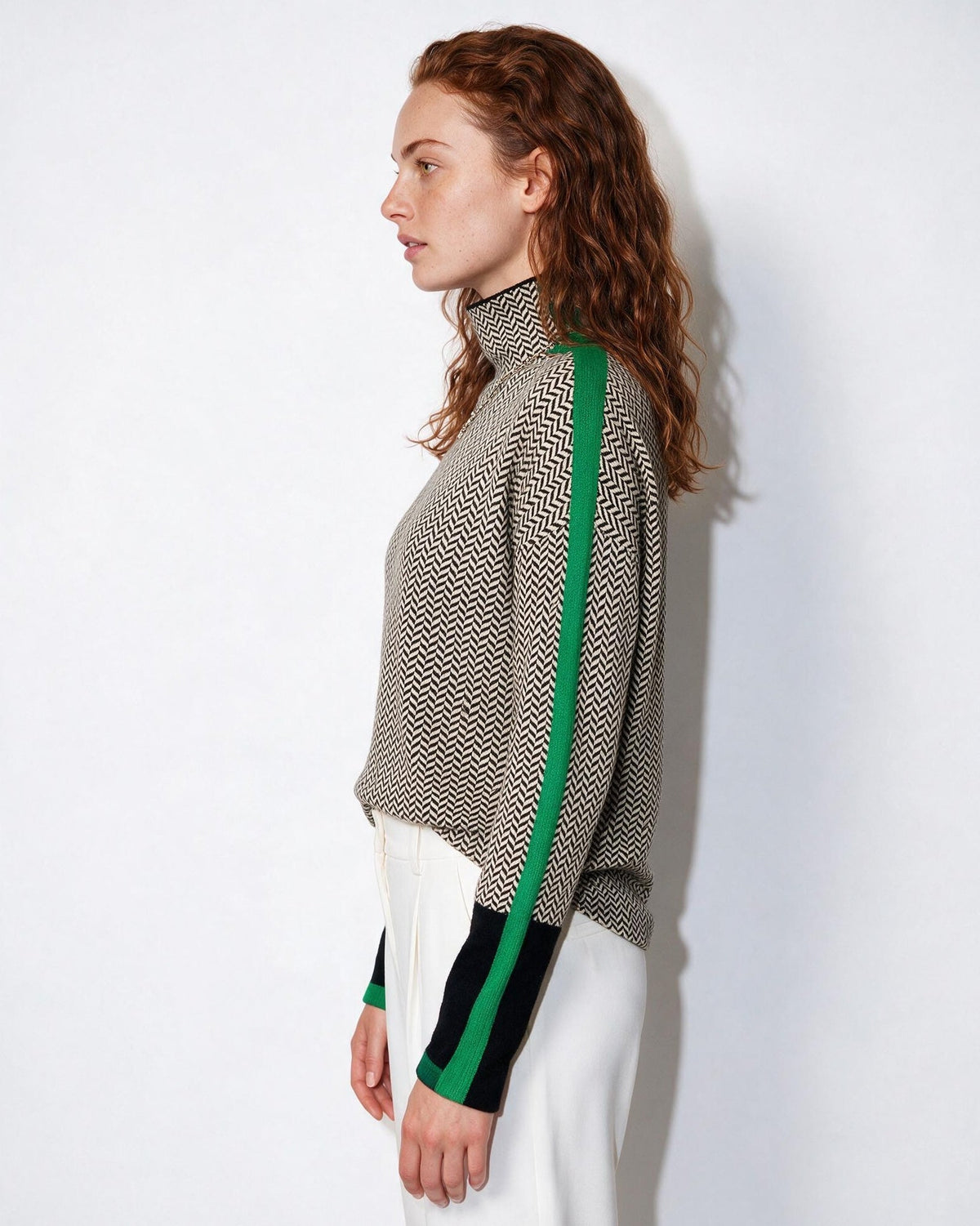 Herringbone Contrast-Stripe Turtleneck Jumper