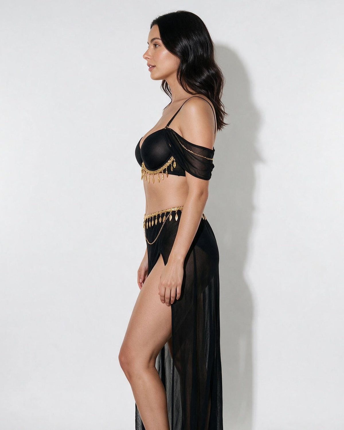 Sheer Mesh Off-Shoulder Charm Fringe Costume Set