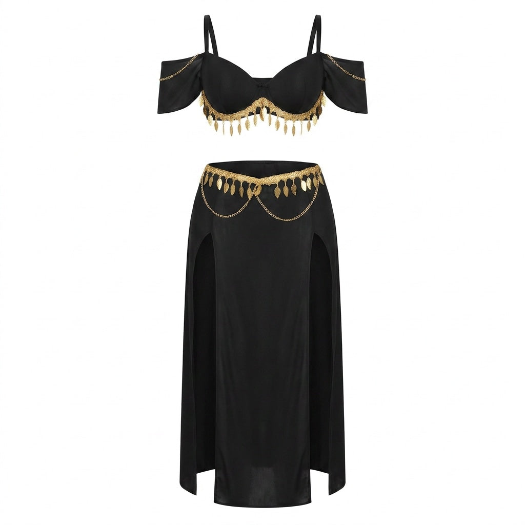 Sheer Mesh Off-Shoulder Charm Fringe Costume Set