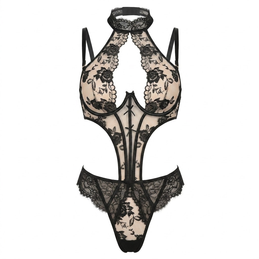 Lace Keyhole Halter Bodysuit