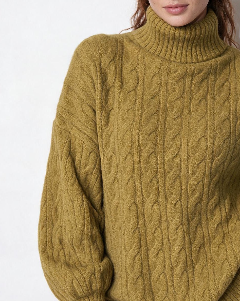 Cable Knit Balloon-Sleeve Turtleneck Jumper