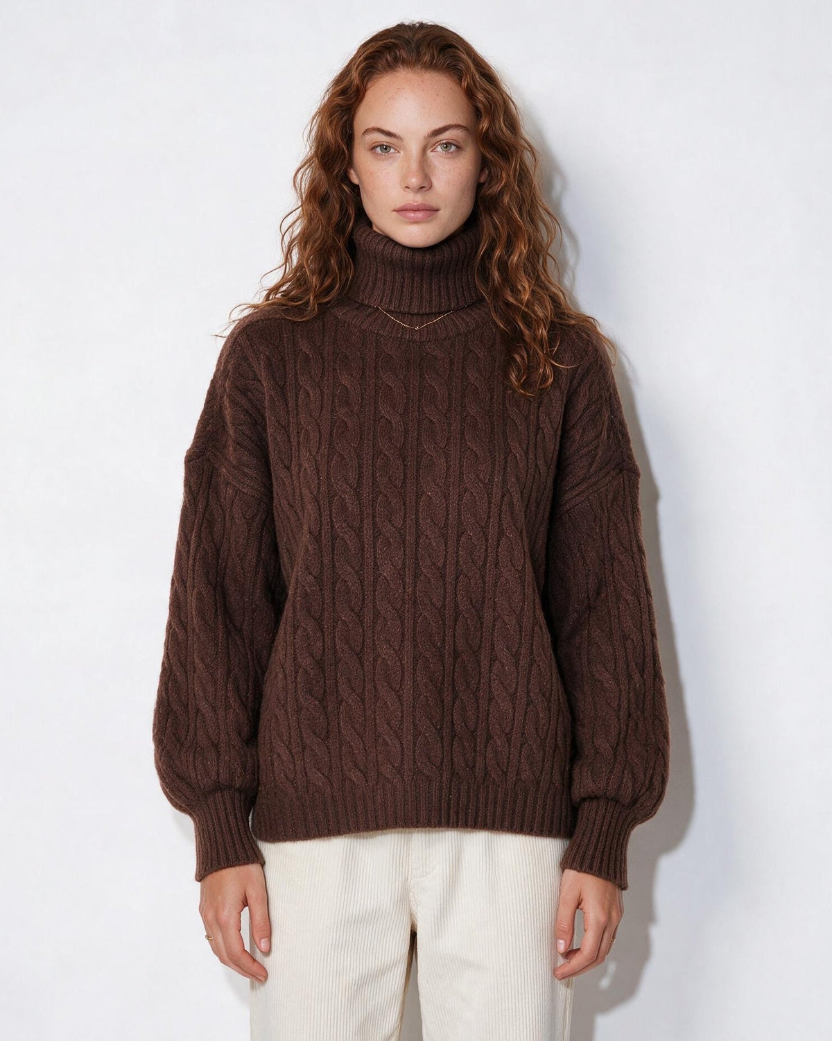 Cable Knit Balloon-Sleeve Turtleneck Jumper