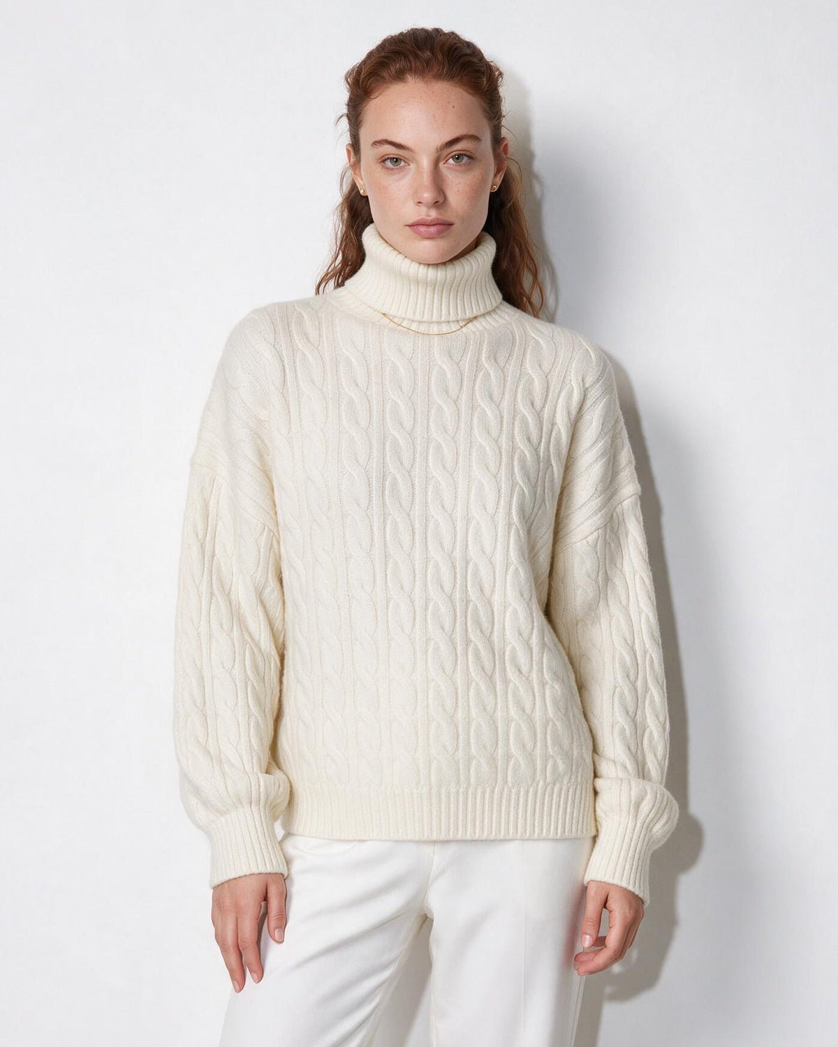 Cable Knit Balloon-Sleeve Turtleneck Jumper