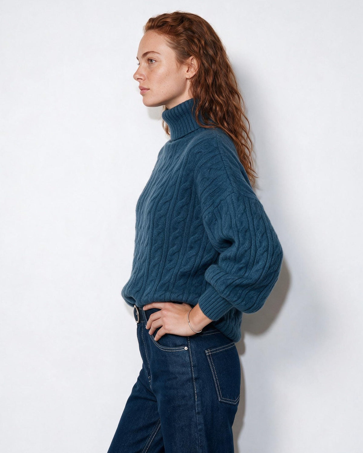 Cable Knit Balloon-Sleeve Turtleneck Jumper