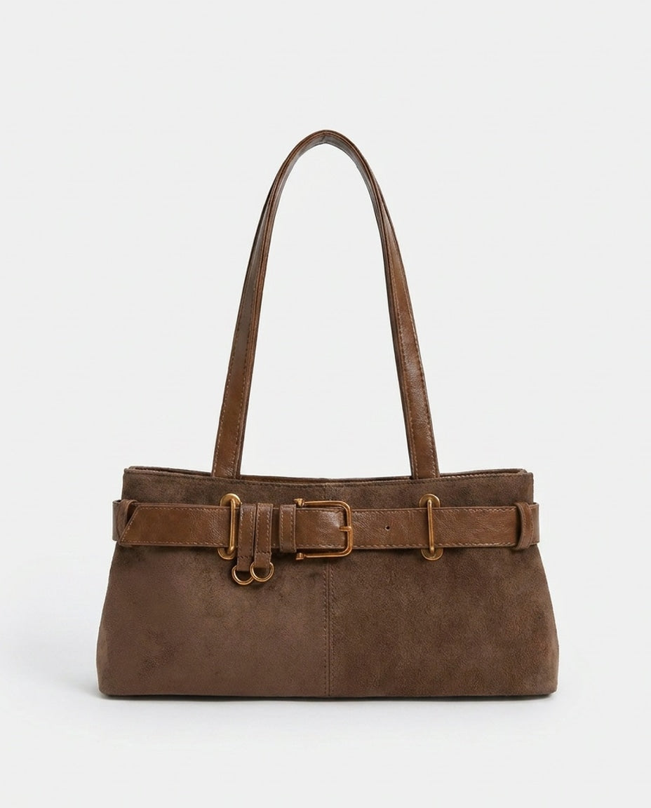 Belted Buckle Shoulder Tote Bag