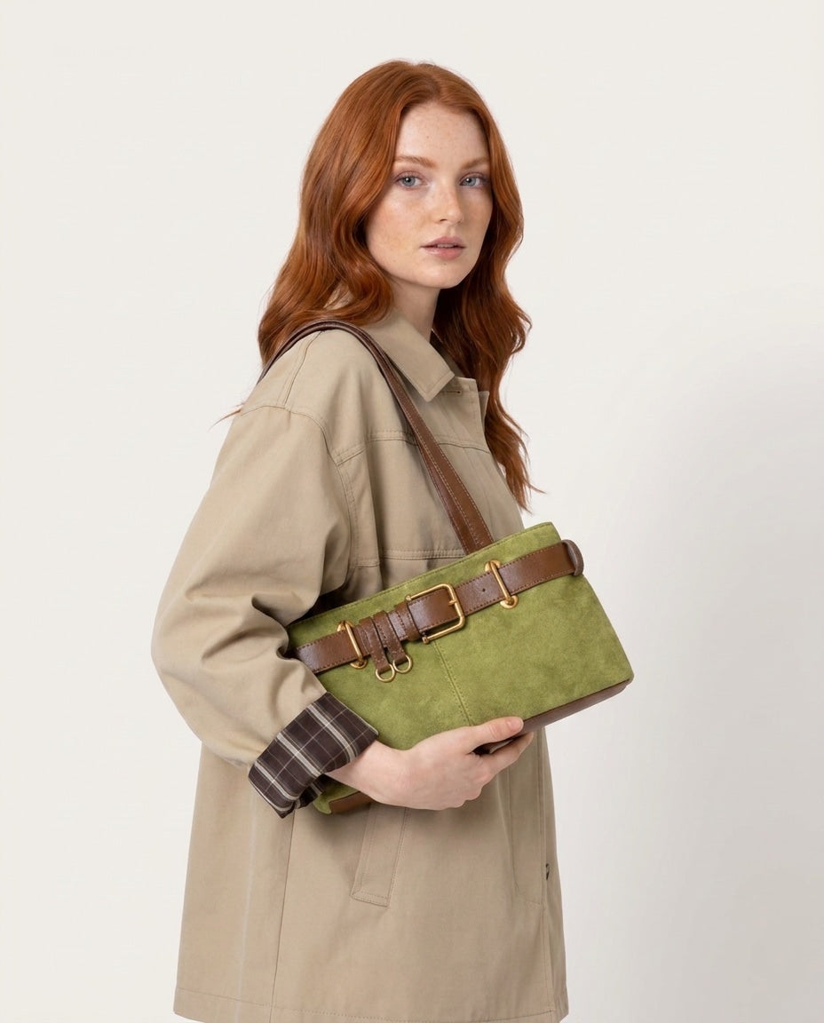 Belted Buckle Shoulder Tote Bag