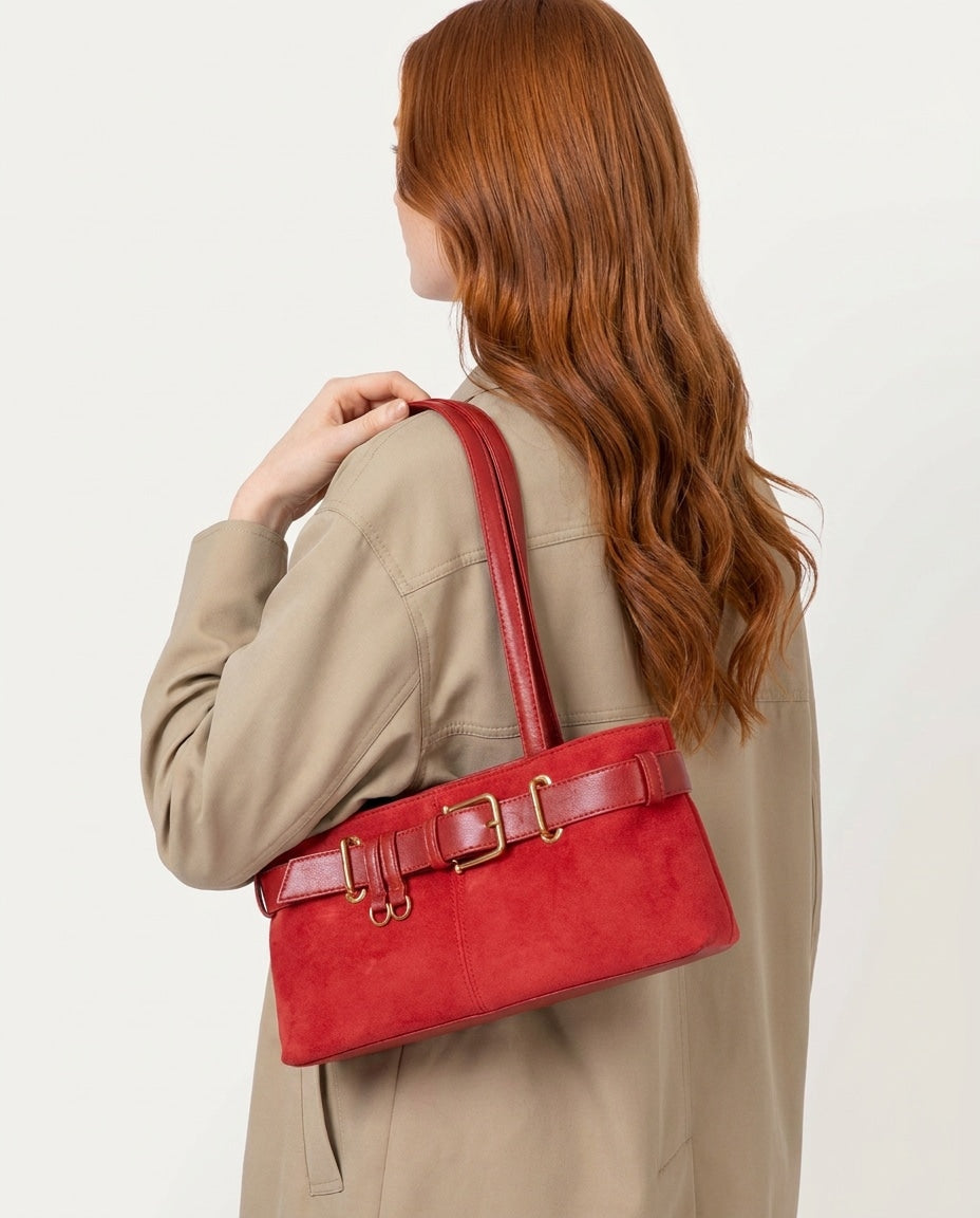 Belted Buckle Shoulder Tote Bag