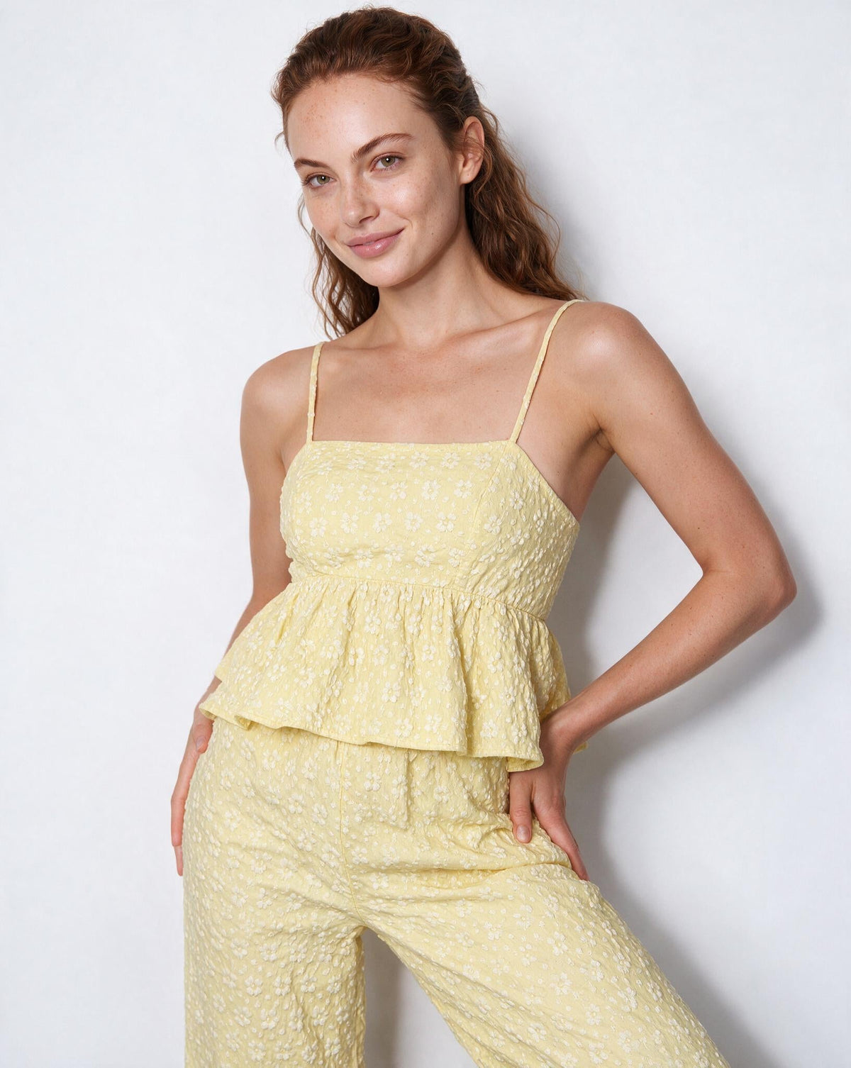 Floral Peplum Square-Neck Wide-Leg Co-ord