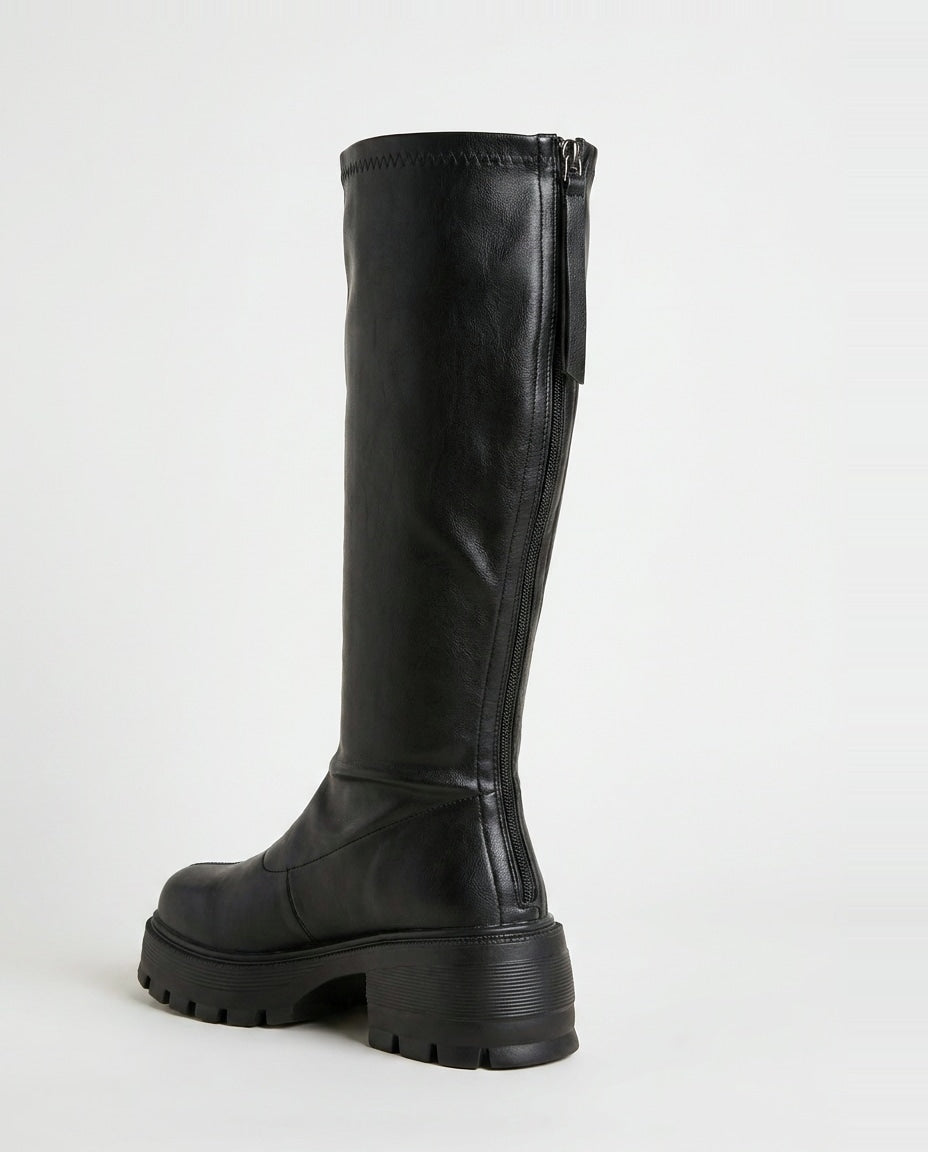 Chunky Lug Sole Block Heel Knee-High Boots