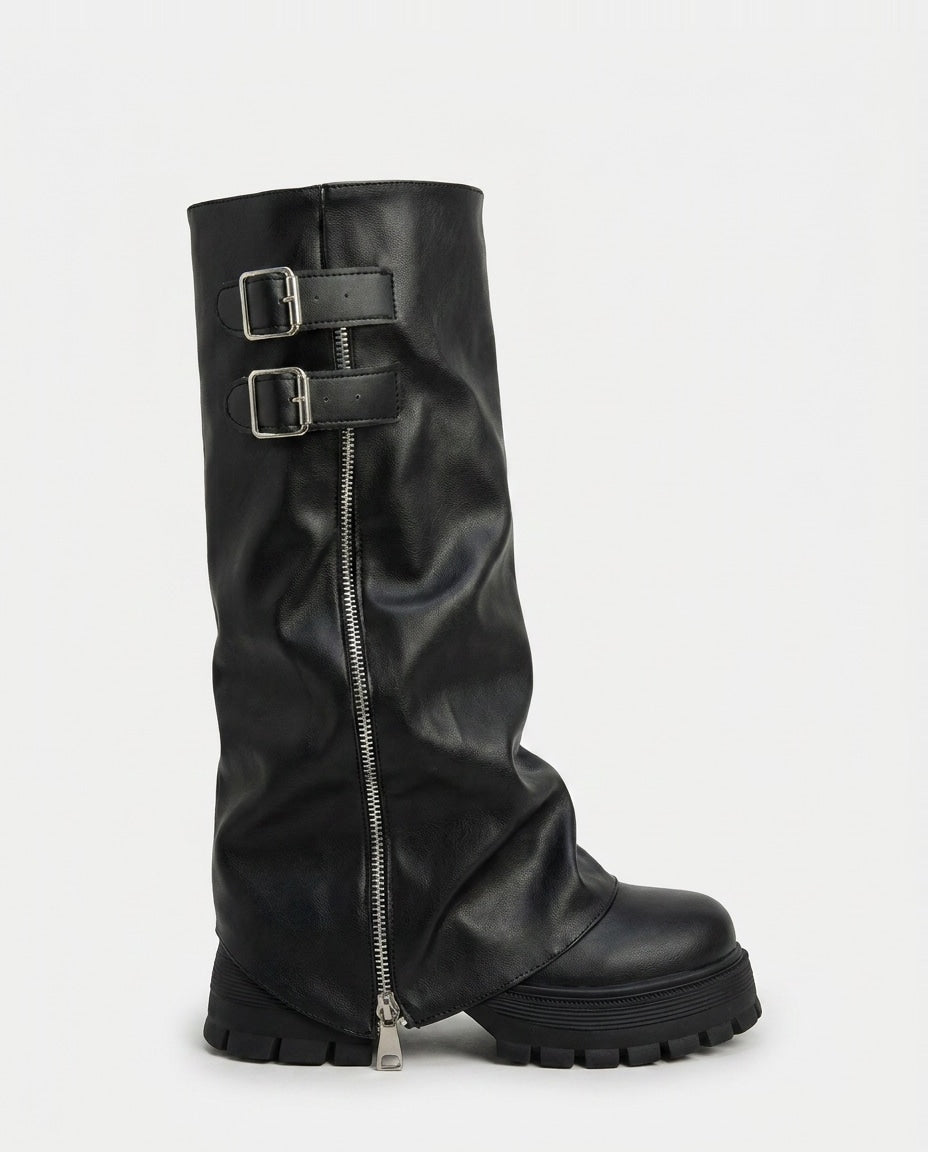 Twin Buckle Slouchy Knee-High Boots