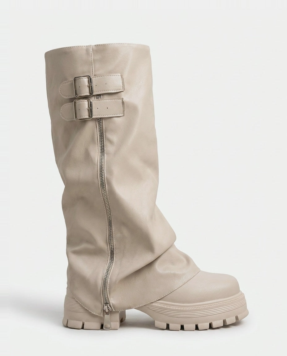 Twin Buckle Slouchy Knee-High Boots