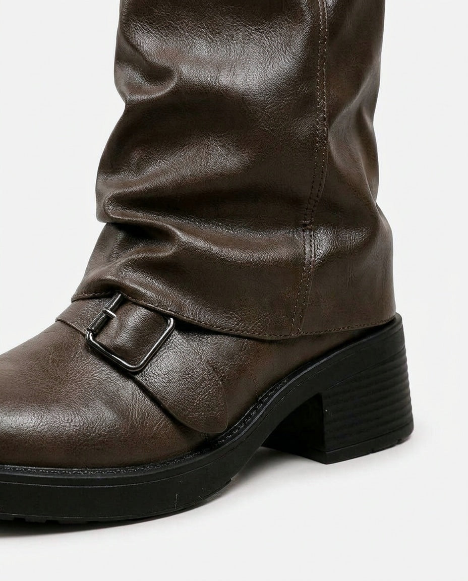 Slouchy Buckle Strap Block Heel Mid-Calf Boots