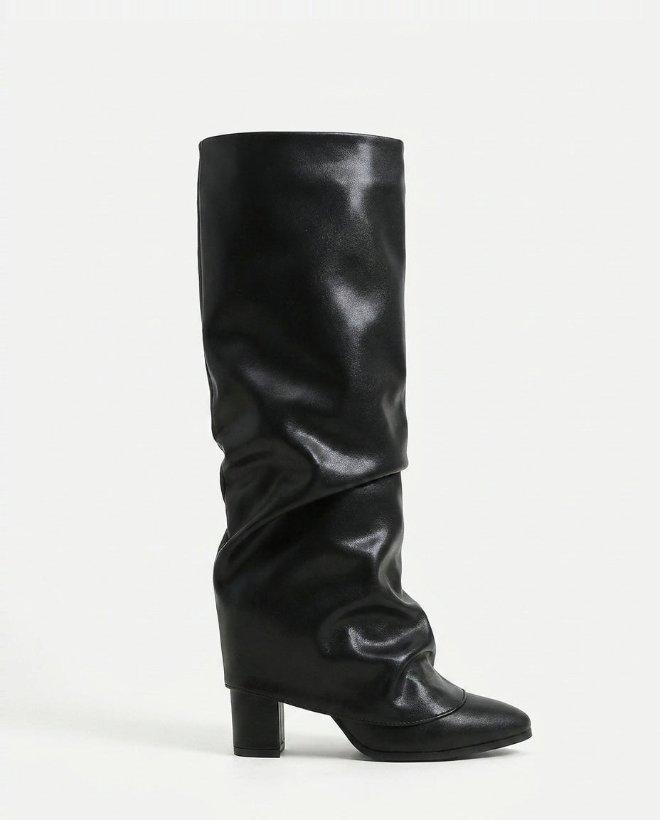 Slouchy Pointed Toe Block Heel Knee-High Boots