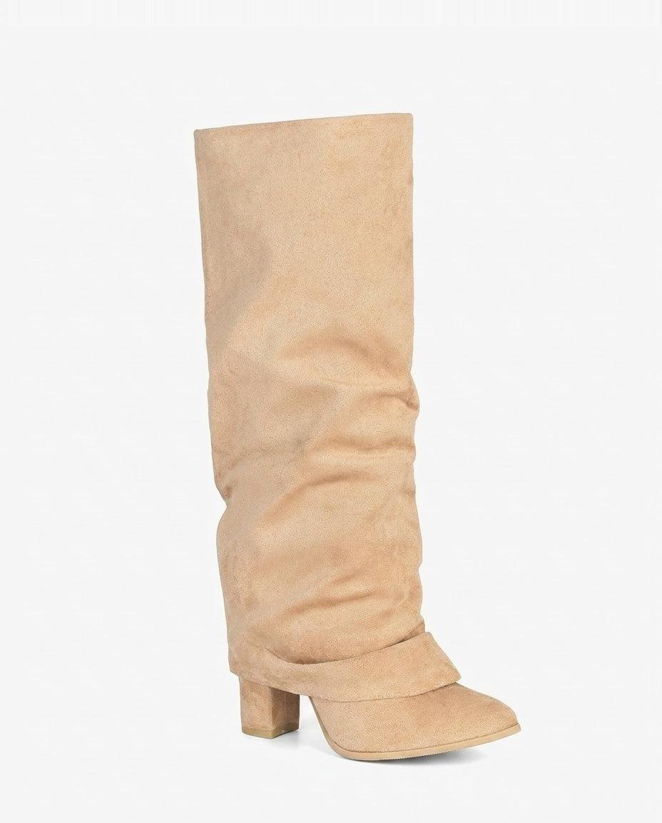 Ruched Fold-Over Cuff Knee-High Boots